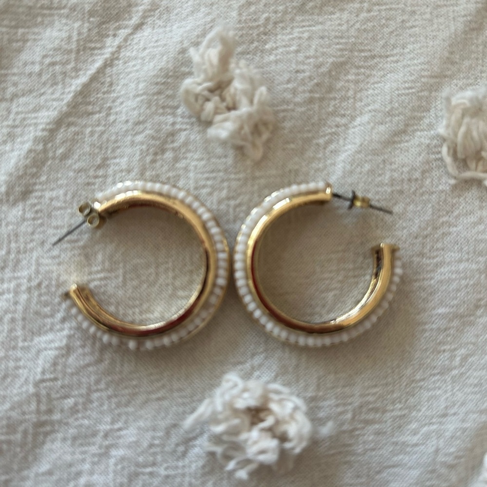 Gold White Beaded Hoops